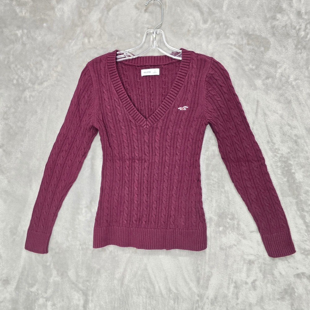 Hollister Cable Knit Sweater Women S Burgundy VNeck Long Sleeve Preppy Layer Y2K